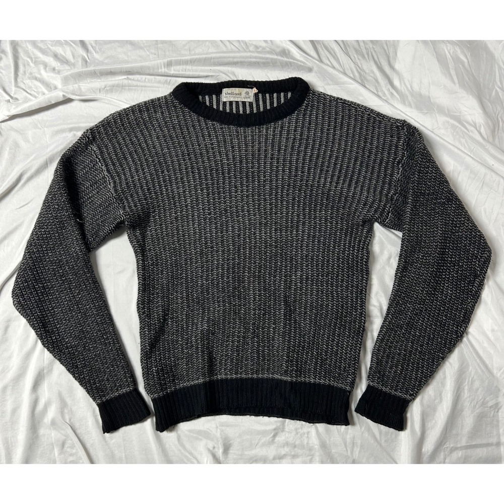 Shetland Pure New Wool Sweater Mens Medium Gray Black Knit Great Britain Vintage